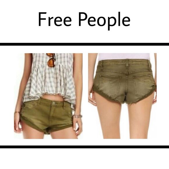 Free People Women Sz 25 Green Jeans Button Fly Cut Off Distressed #1139 - Picture 1 of 9
